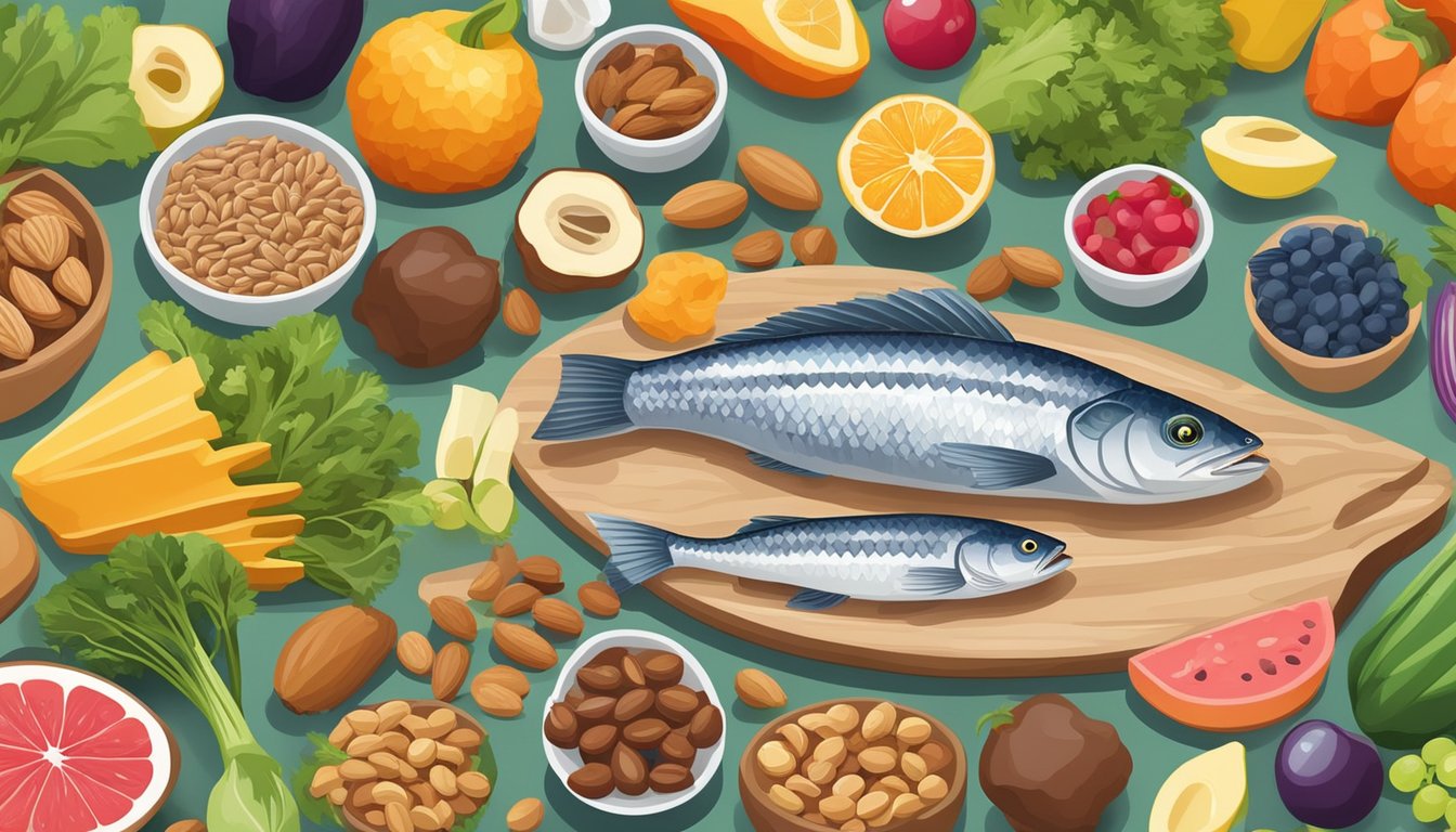 A variety of foods high in polyunsaturated fats, such as nuts, seeds, and fish, arranged on a table with colorful fruits and vegetables in the background