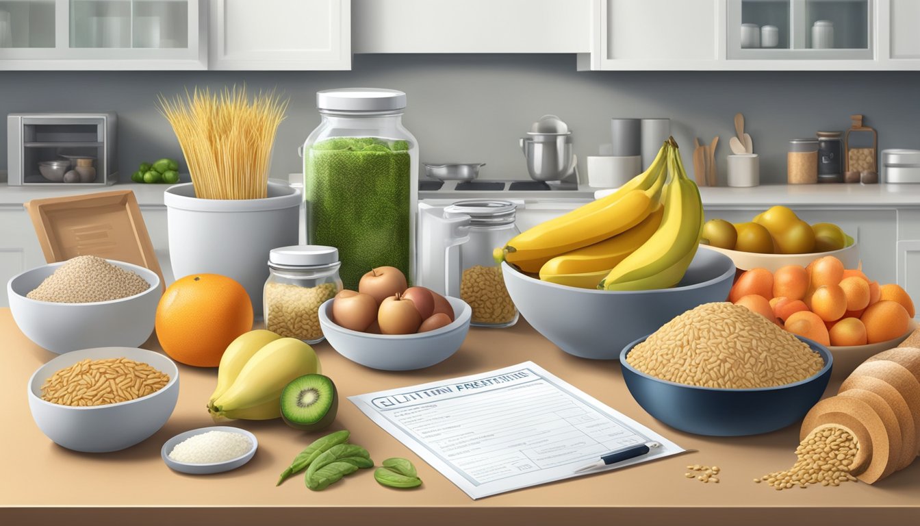 A kitchen counter with a variety of gluten-free food items such as fruits, vegetables, rice, and meat, with a doctor's prescription for a gluten-free diet on the side