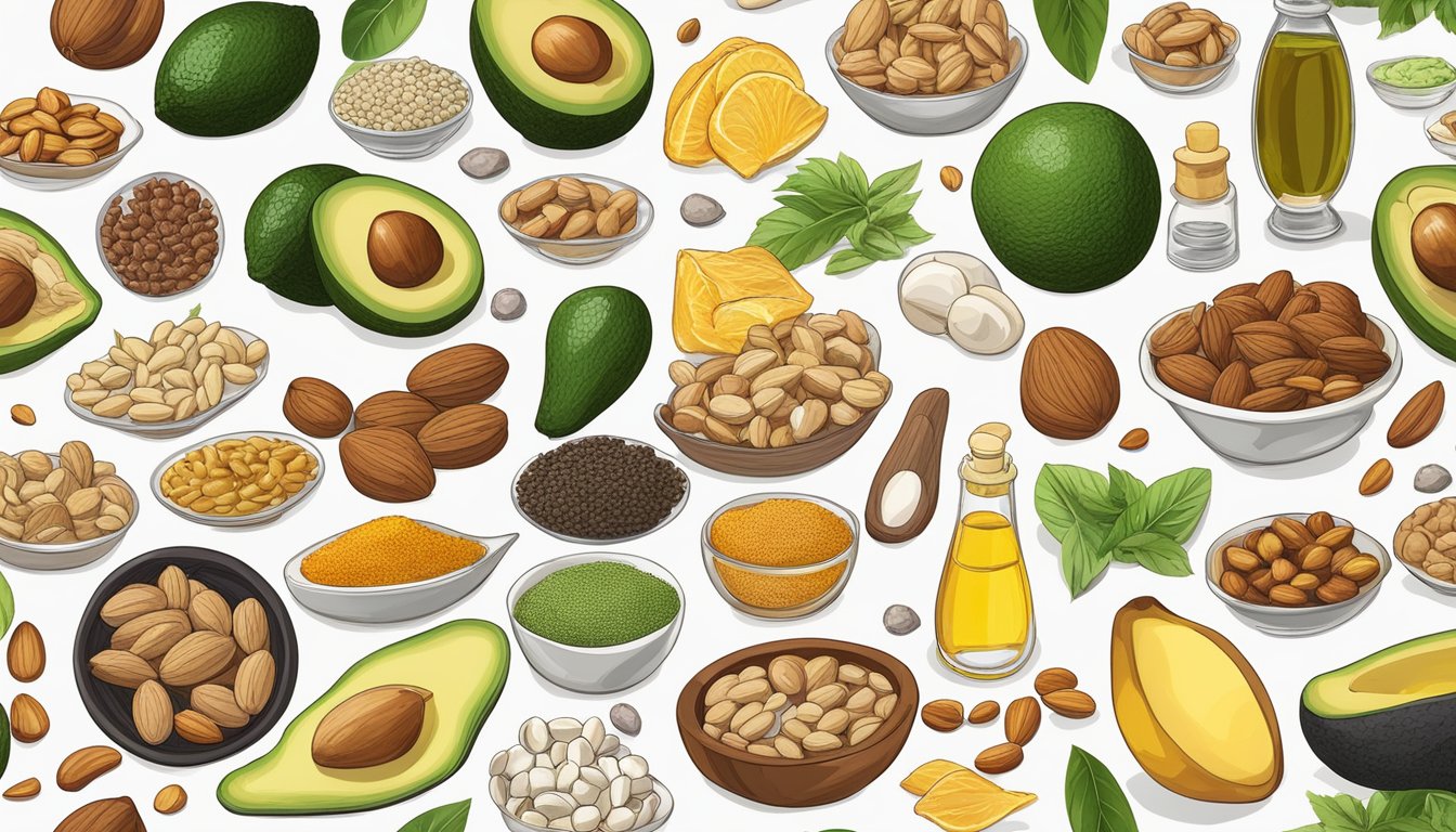 A colorful array of foods, including nuts, seeds, fish, and avocados, surrounded by a variety of cooking oils and supplements