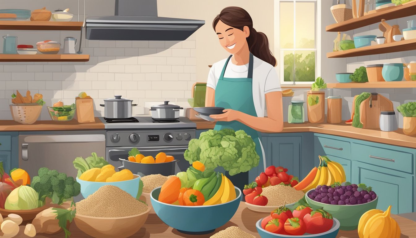 A kitchen filled with colorful fruits, vegetables, and whole grains, with a person happily cooking a variety of gluten-free meals