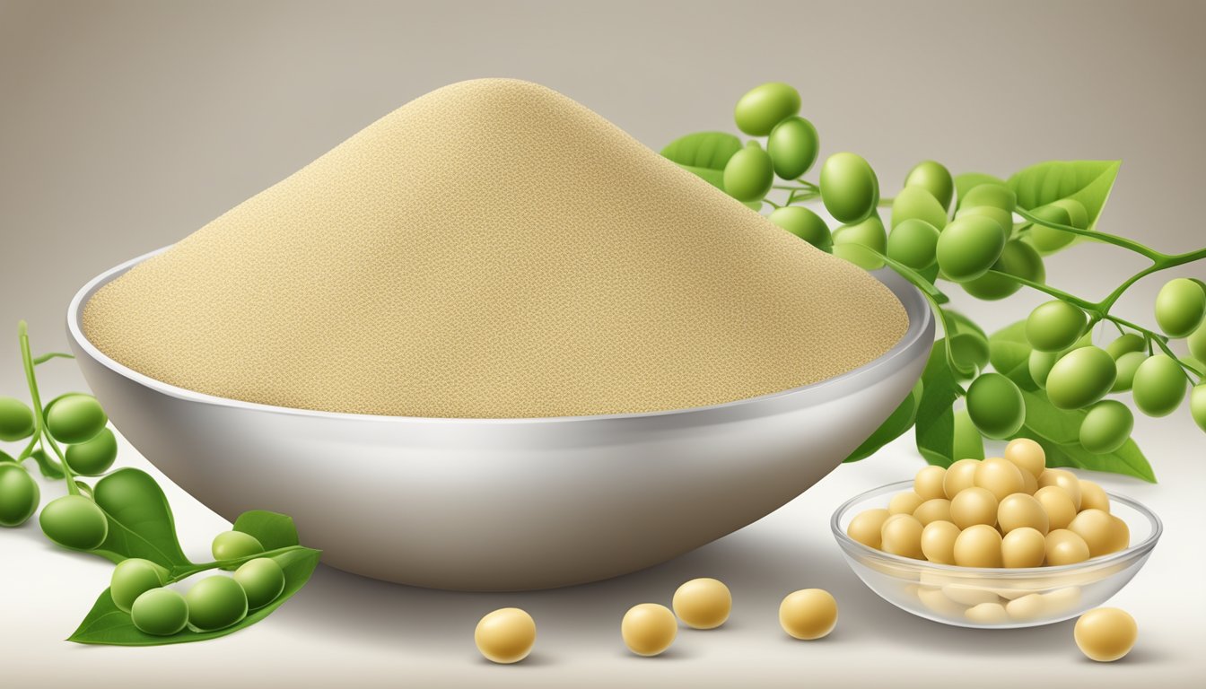 A bowl of soy protein isolate powder surrounded by soybeans and a measuring scoop