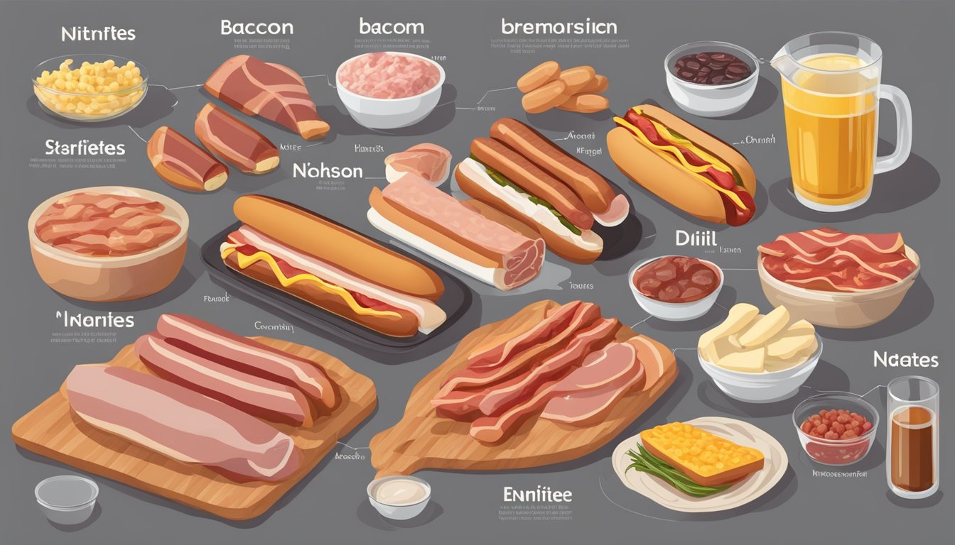 A table with various processed meats, such as bacon, hot dogs, and deli meats, alongside chemical compounds labeled as nitrates and nitrites