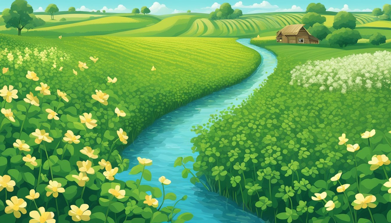 A lush green field with rows of soy plants stretching into the distance, under a clear blue sky. Bees and butterflies flit among the flowers, and a small stream winds through the landscape