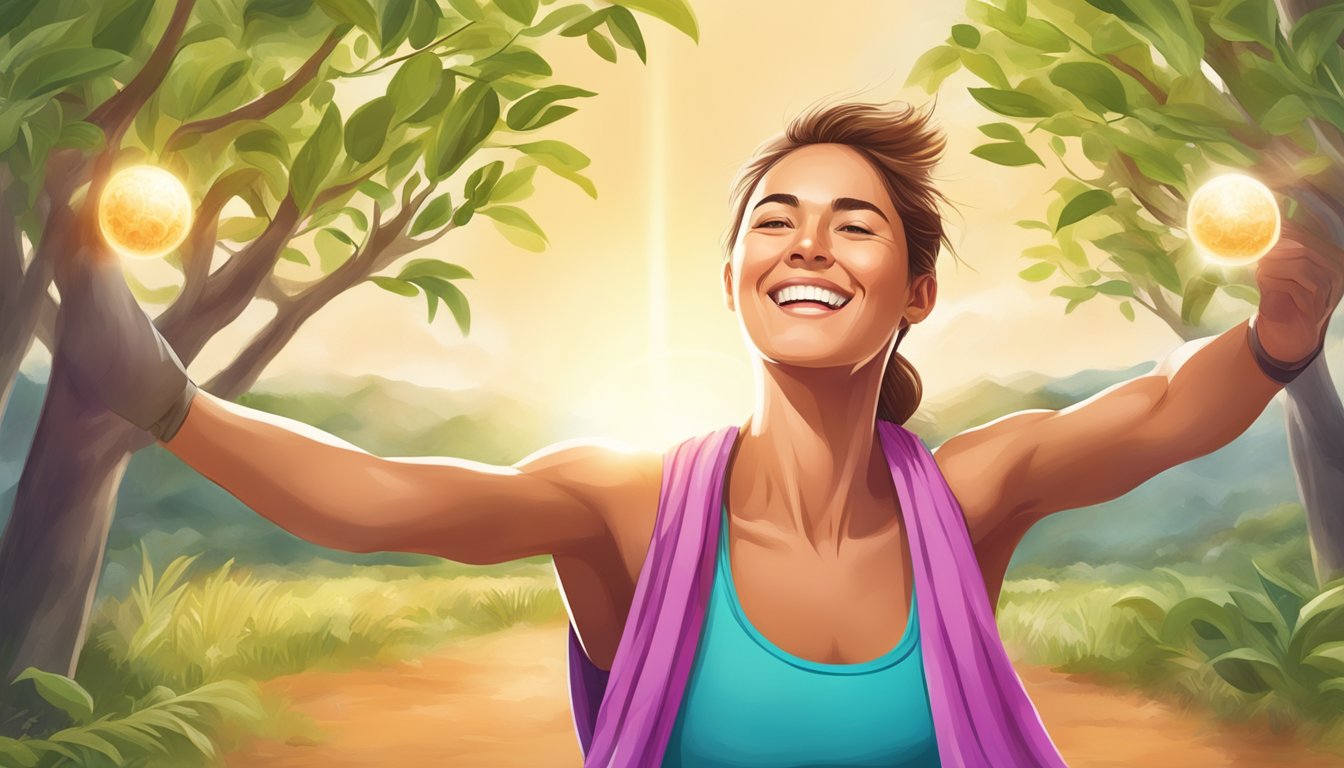 A vibrant illustration of a healthy, energetic individual engaging in physical activities, radiating vitality and strength after taking ashwagandha