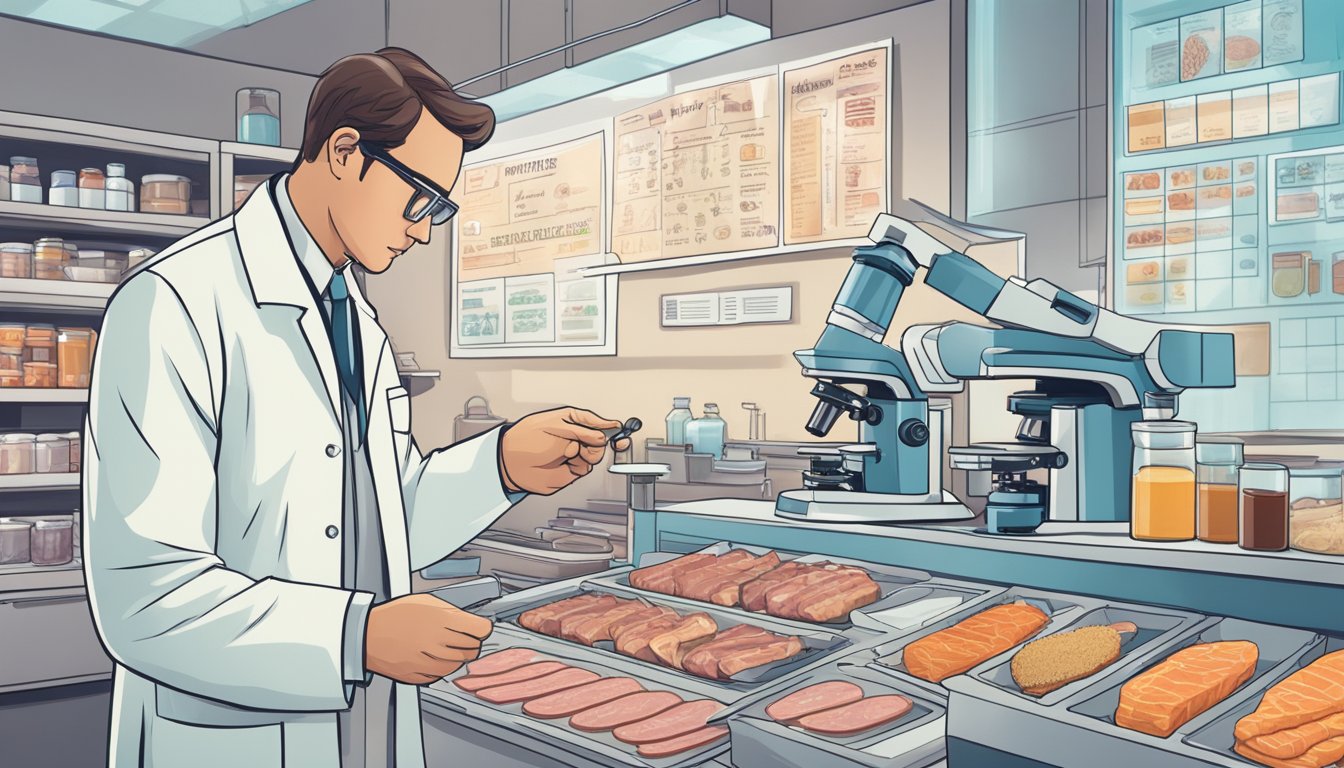 A scientist in a lab coat examines a microscope slide of processed meat, pointing to the presence of nitrates and nitrites. Charts and graphs on the wall illustrate consumption guidelines and regulatory standards