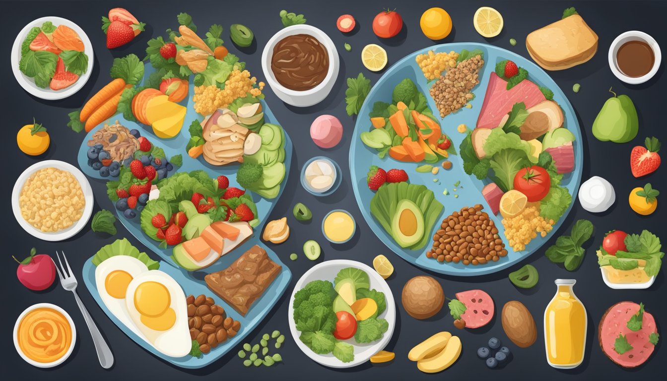 A balanced plate with a variety of macronutrient-rich foods, surrounded by symbols representing the myths and misconceptions of the calorie in calorie out model