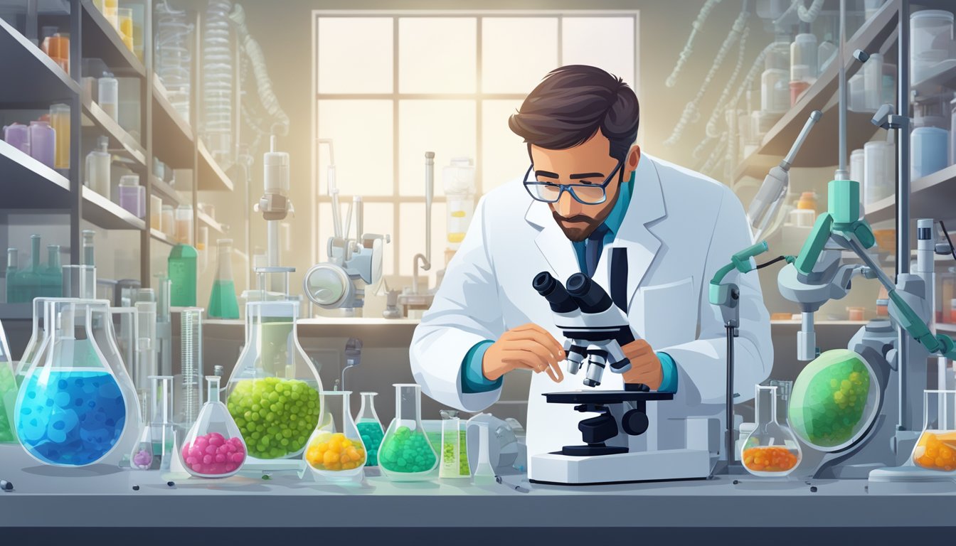 A scientist in a lab coat examines genetically modified organisms under a microscope, surrounded by scientific equipment and safety assessments