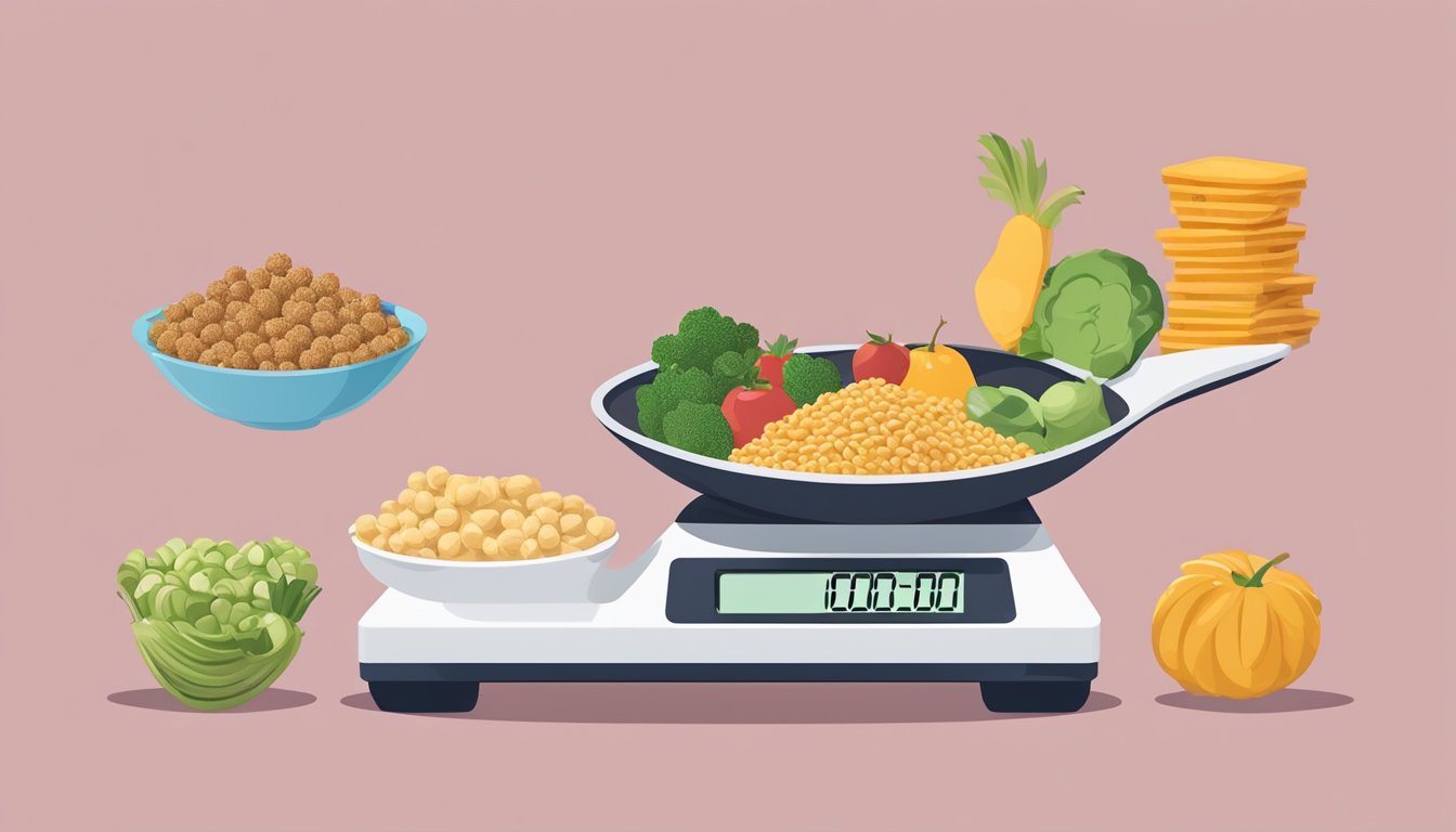 A scale tipping with a pile of calorie-dense foods on one side and a smaller portion of nutrient-rich foods on the other