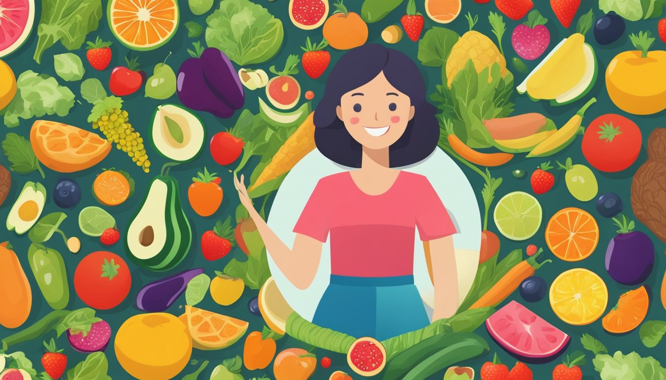 A person enjoying a variety of colorful and fresh fruits and vegetables on a plate, surrounded by vibrant and healthy food options