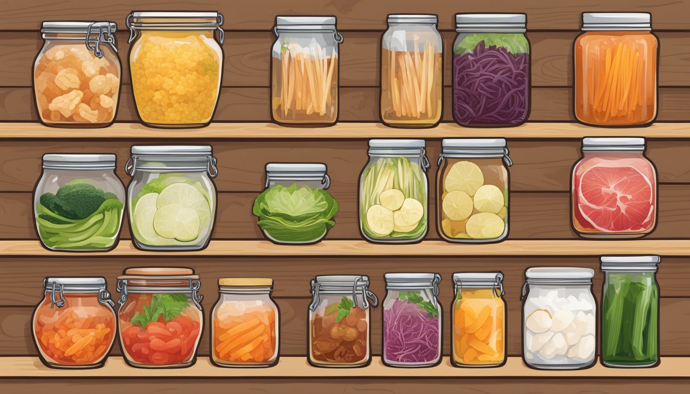 A colorful array of fermented foods, including kimchi, sauerkraut, and kombucha, displayed on a wooden table with informational graphics highlighting their nutritional benefits