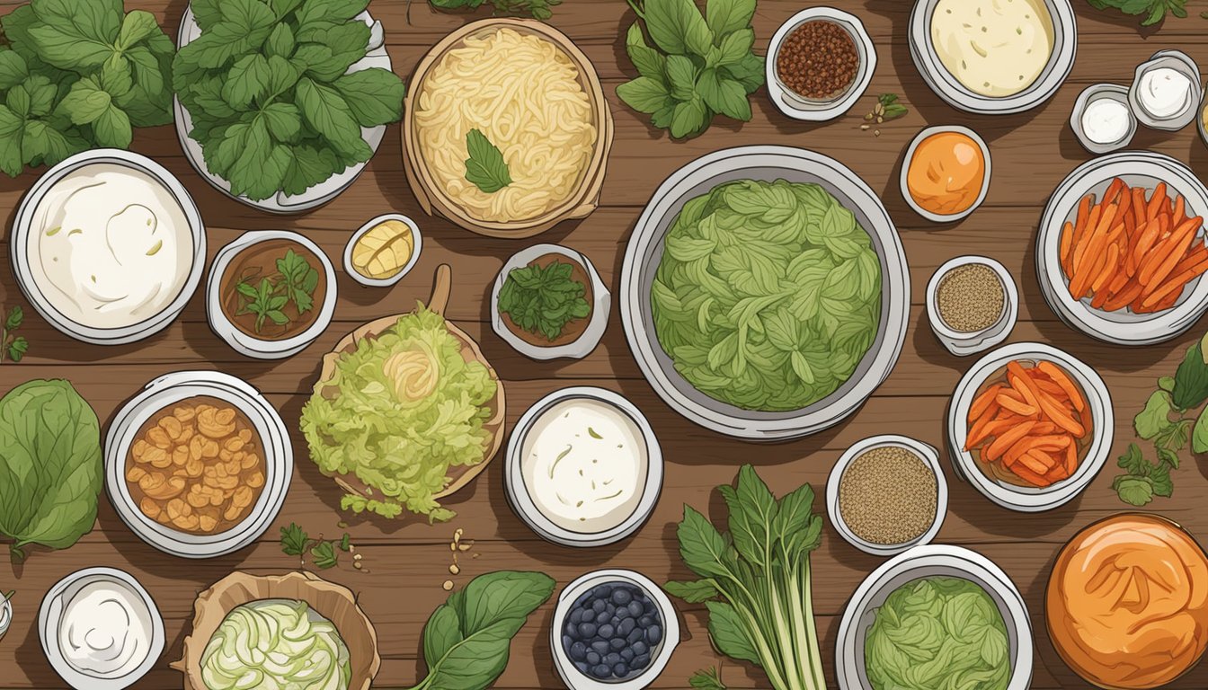 A colorful array of fermented foods, including sauerkraut, kimchi, and yogurt, sit on a rustic wooden table surrounded by fresh herbs and spices