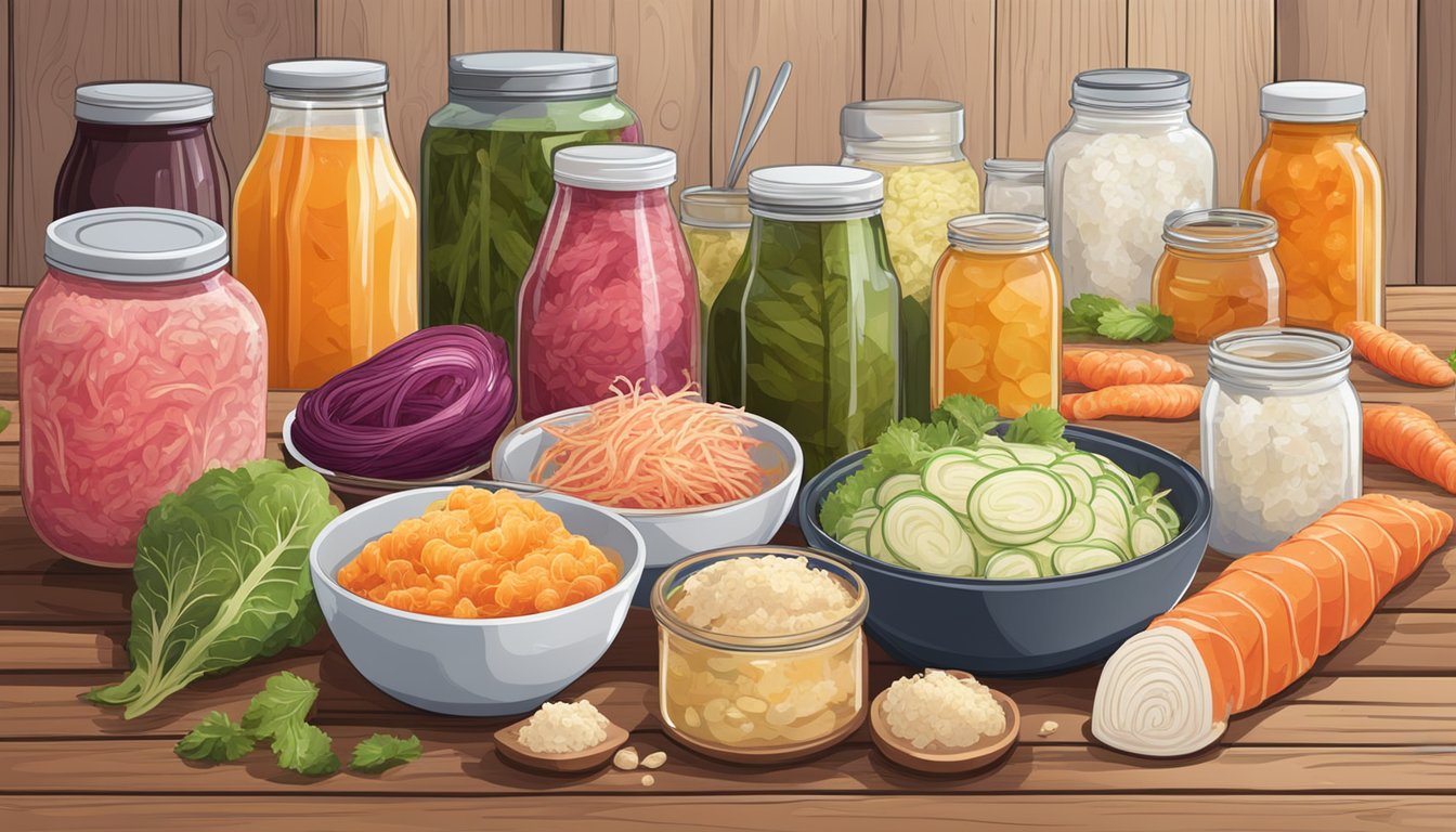 A colorful array of assorted fermented foods displayed on a rustic wooden table, including kimchi, sauerkraut, kefir, and kombucha