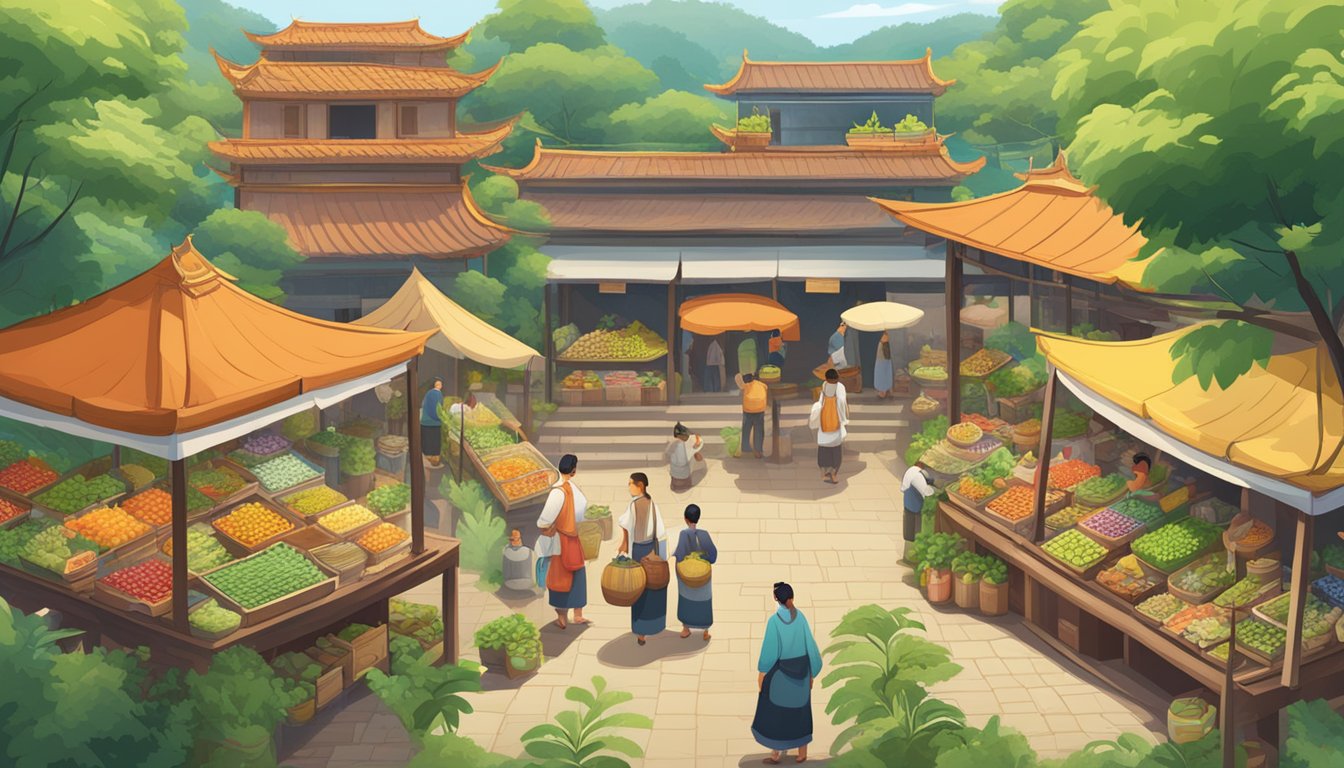 A bustling marketplace with colorful jars of fermented foods, surrounded by lush greenery and traditional cultural symbols