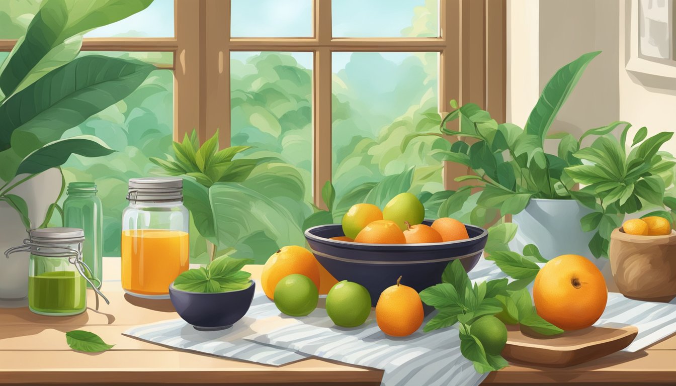 A serene kitchen counter with a bowl of fresh fruit and a jar of monk fruit extract, surrounded by vibrant green plants