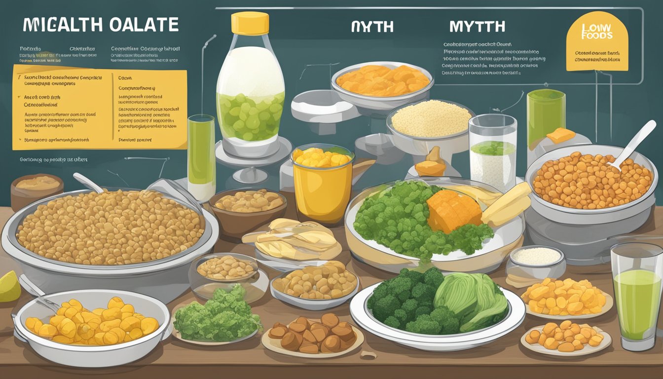 A table with high-oxalate foods labeled "Myth" and low-oxalate foods labeled "Reality," surrounded by caution signs and pitfalls