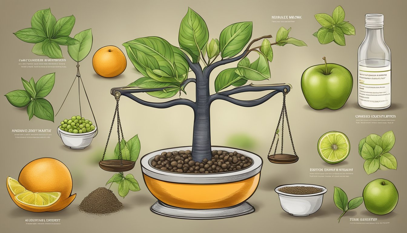 A monk fruit plant surrounded by safety symbols and a scale of health benefits and risks