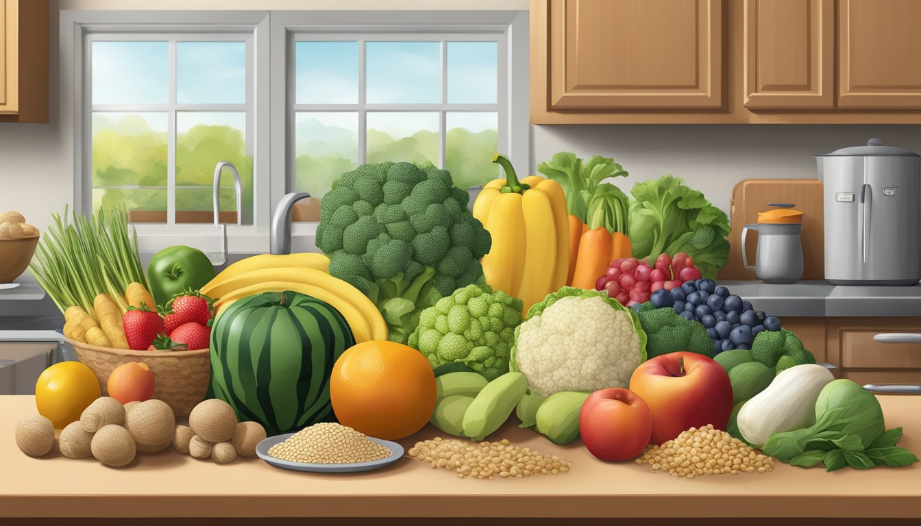 A colorful array of fruits, vegetables, and grains on a kitchen counter, with a nutrition label displaying low oxalate content