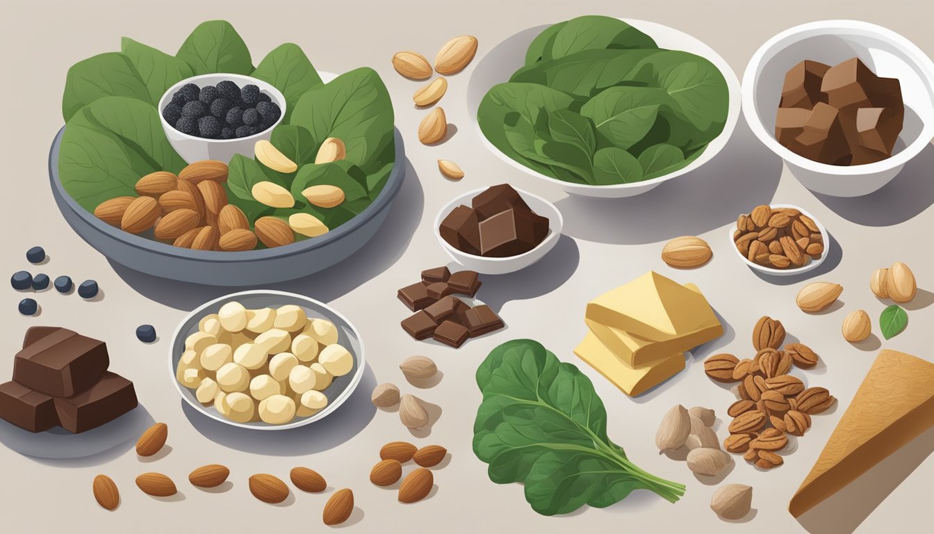 A variety of foods high in oxalates displayed on a table, including spinach, nuts, and chocolate. A person is researching and comparing oxalate levels in each item