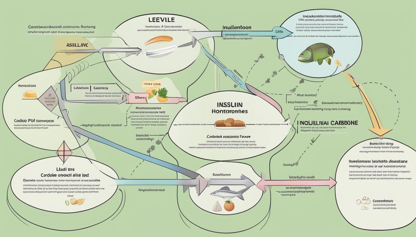 A diagram showing the relationship between carbohydrate intake and insulin levels, with arrows indicating the flow of energy and hormones