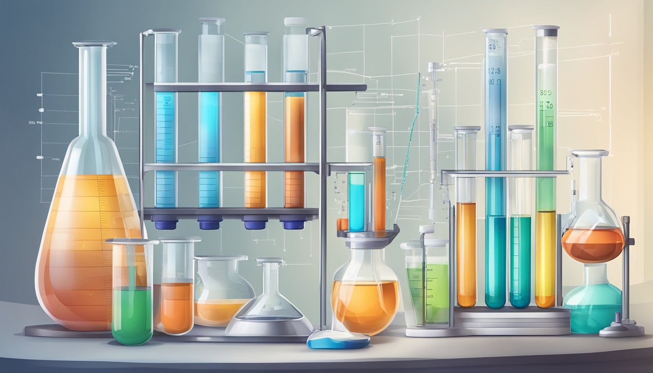 A laboratory setting with test tubes, beakers, and scientific equipment. Charts and graphs showing data on insulin and carbohydrate metabolism