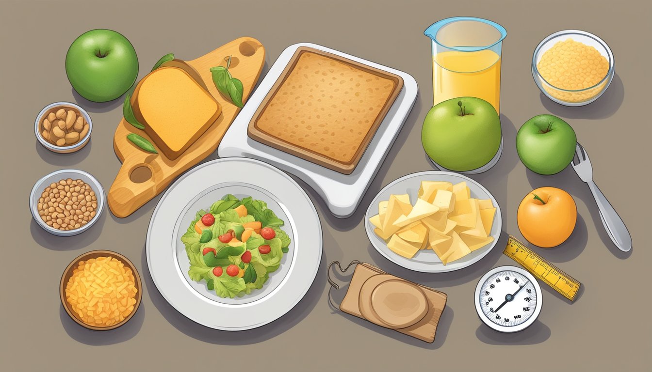 A plate of various carbohydrate-rich foods surrounded by a measuring tape and a scale, with an arrow pointing from the carbohydrates to the scale