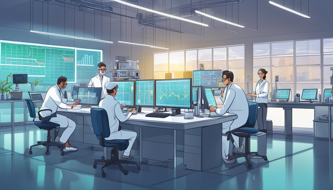 A lab setting with various energy expenditure measurement equipment, charts, and graphs, surrounded by scientists conducting research and analysis