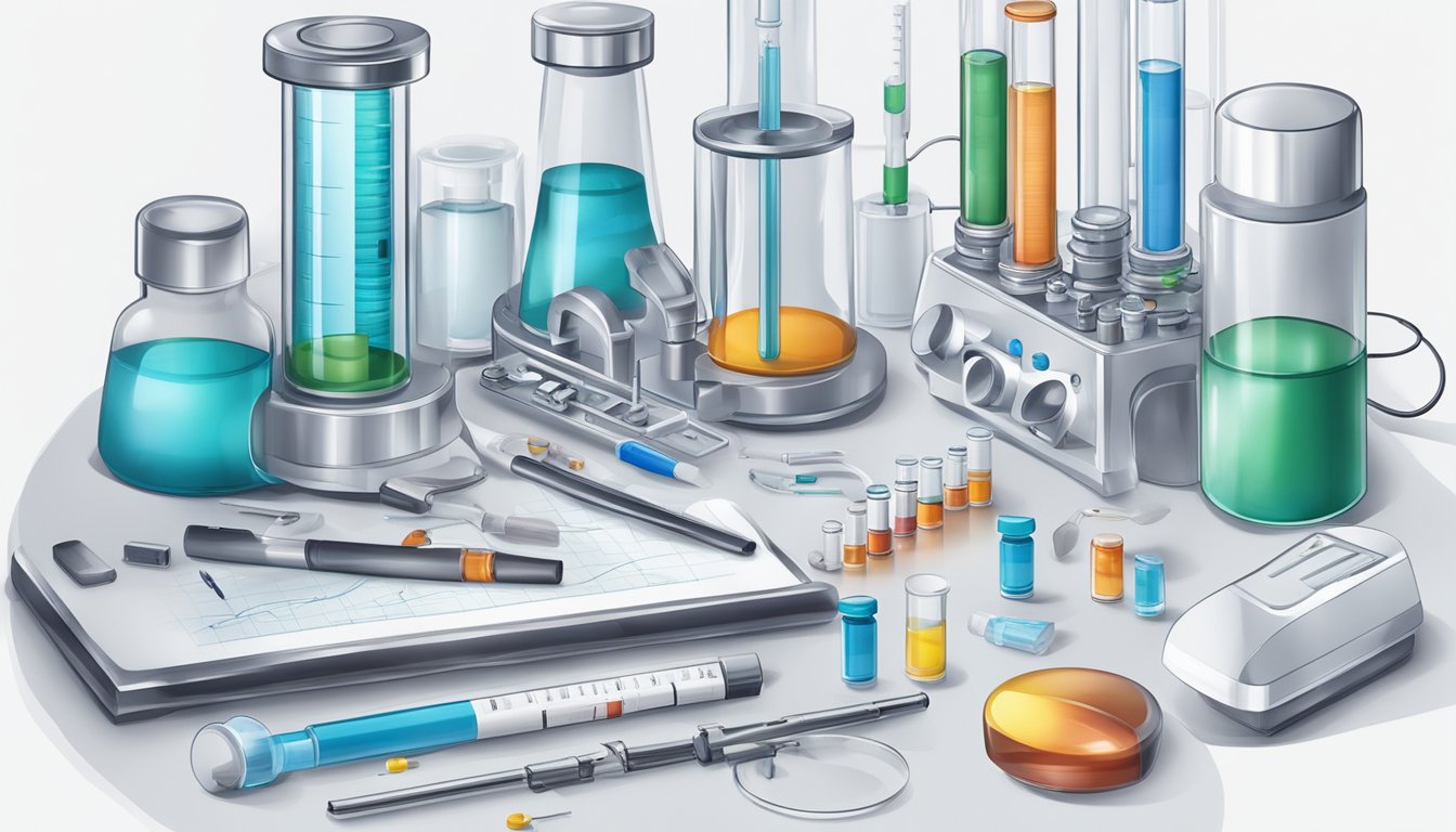 A laboratory setting with test tubes, syringes, and a microscope. A diagram of insulin and hunger mechanisms on a whiteboard