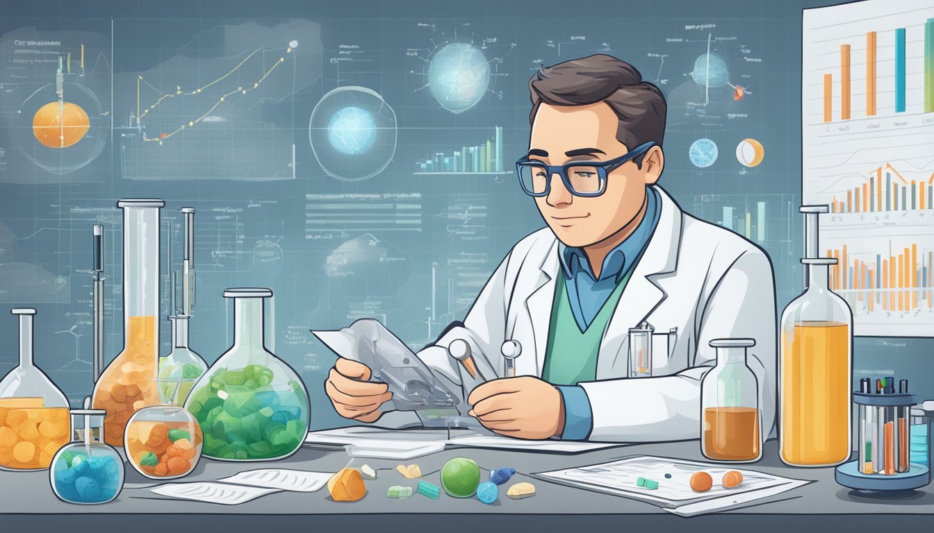 A scientist in a lab, surrounded by charts and graphs, scrutinizing data on the relationship between carbohydrates and insulin levels