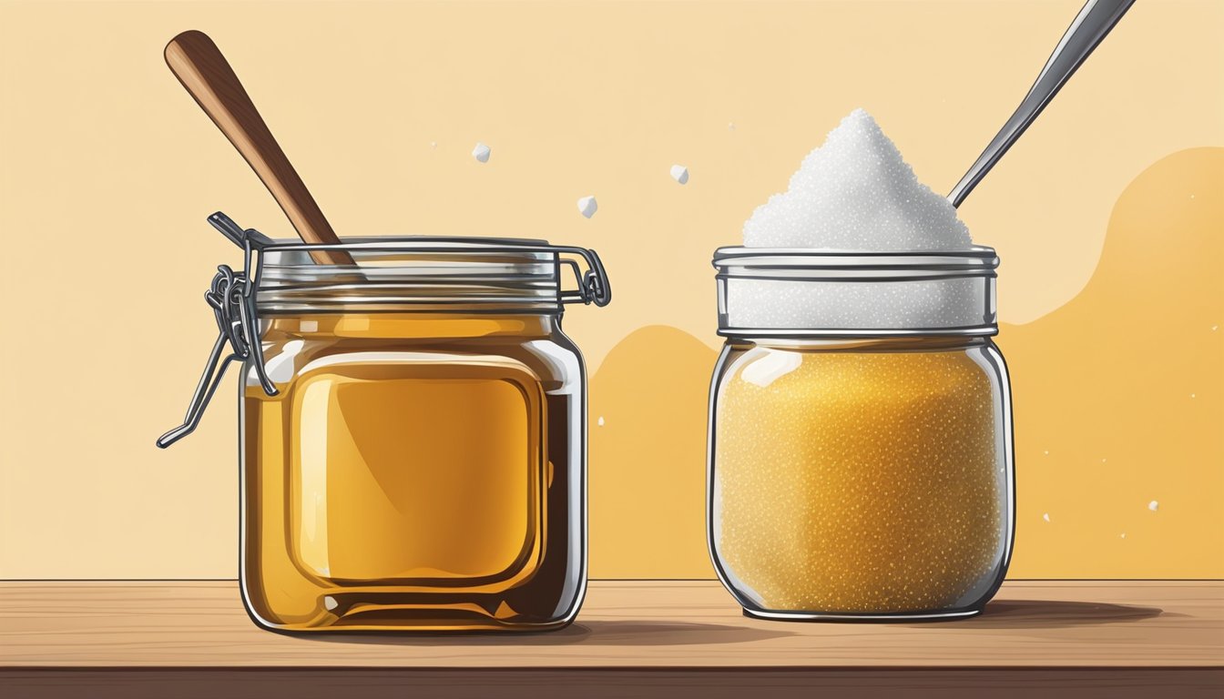 A jar of honey and a bowl of sugar sit side by side, with a question mark hovering above them