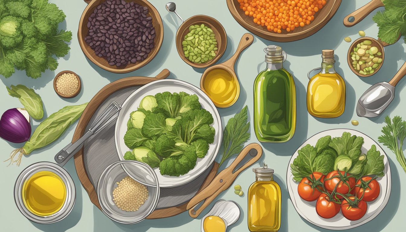 A variety of seed oils and cooking utensils spread out on a kitchen counter, with a bowl of fresh vegetables nearby