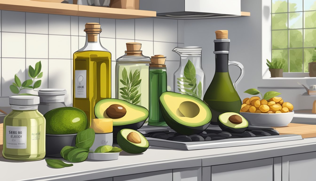 A variety of seed oils, such as olive, avocado, and sesame, sit on a kitchen counter next to a stove, ready for healthy cooking