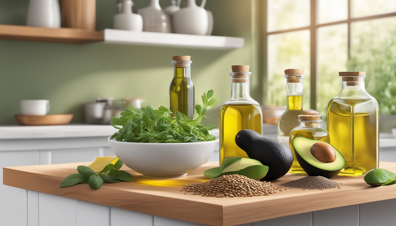 A variety of seed oils, such as olive, avocado, and flaxseed, are displayed on a kitchen counter next to fresh vegetables and herbs