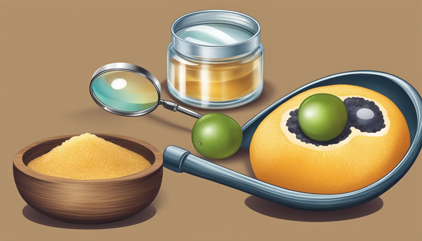 A monk fruit and sugar side by side, with a magnifying glass highlighting the differences in their composition and potential health risks