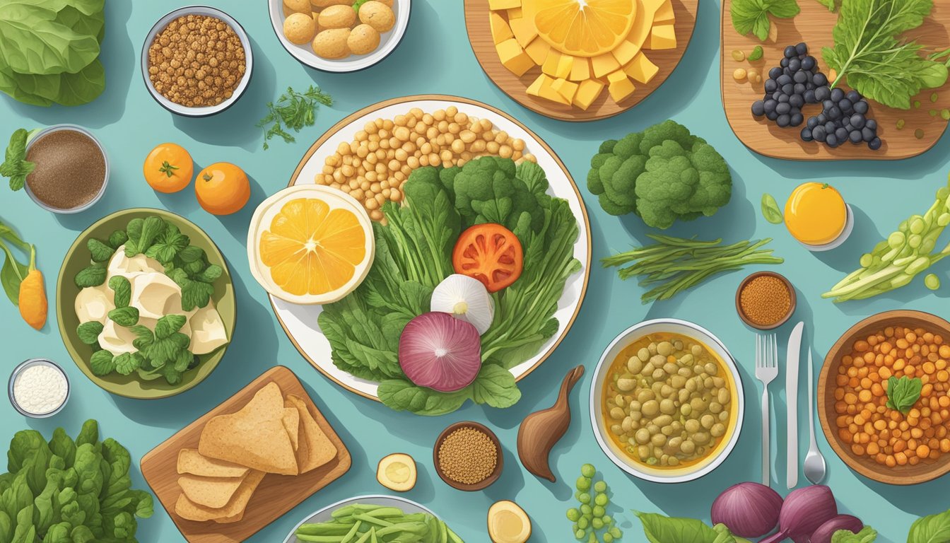 A variety of plant-based and animal-derived foods arranged on a dining table, representing the flexibility and balance of the flexitarian diet