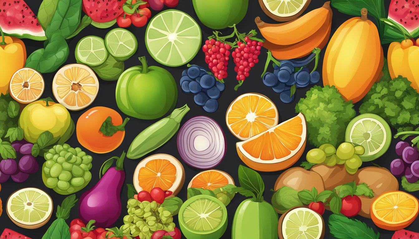 A colorful array of fruits, vegetables, grains, and legumes arranged in a balanced and appetizing display