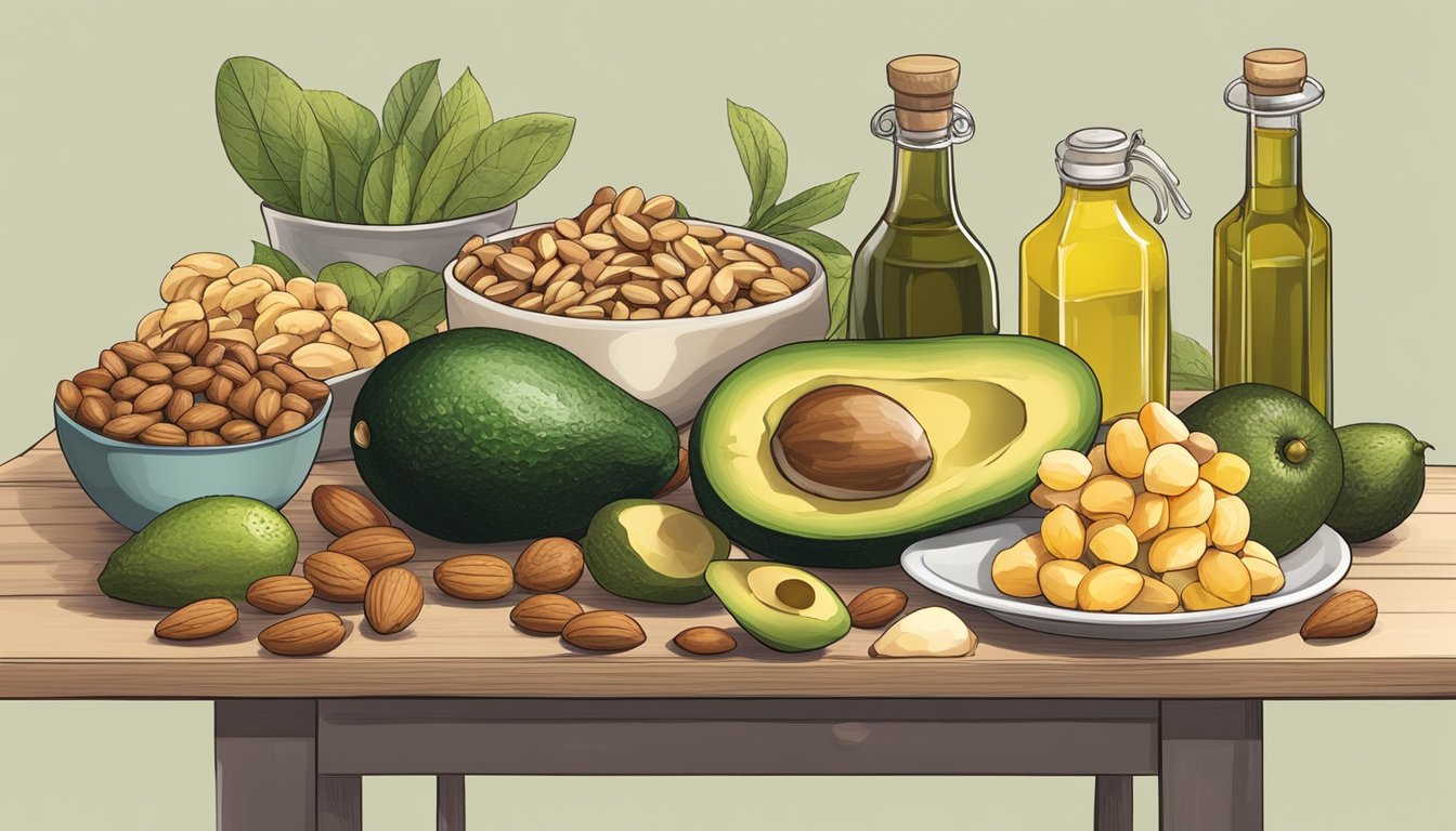 A table covered with a variety of foods, including nuts, avocados, and olive oil, with a prominent "no fat" label crossed out