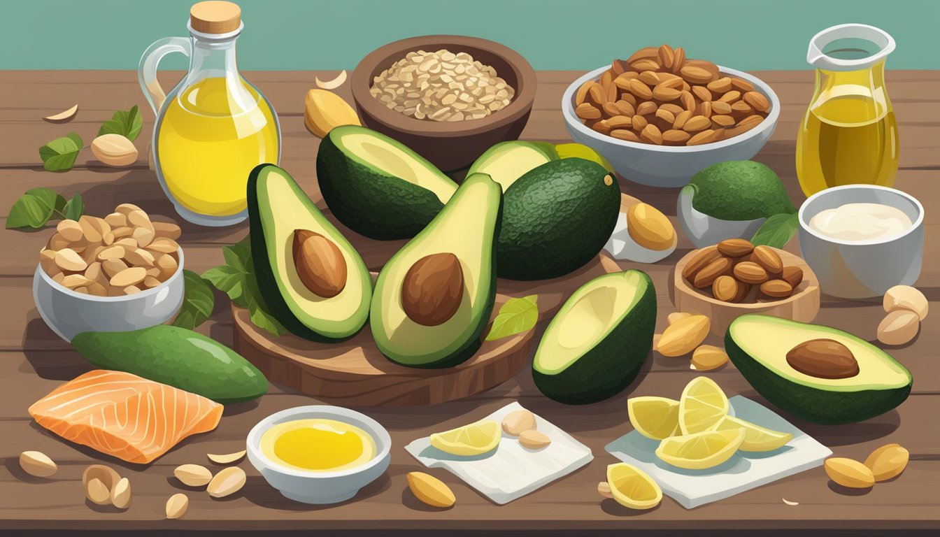 A variety of food sources such as avocados, nuts, olive oil, and fatty fish arranged on a table, with a sign debunking the myth of calories from fat