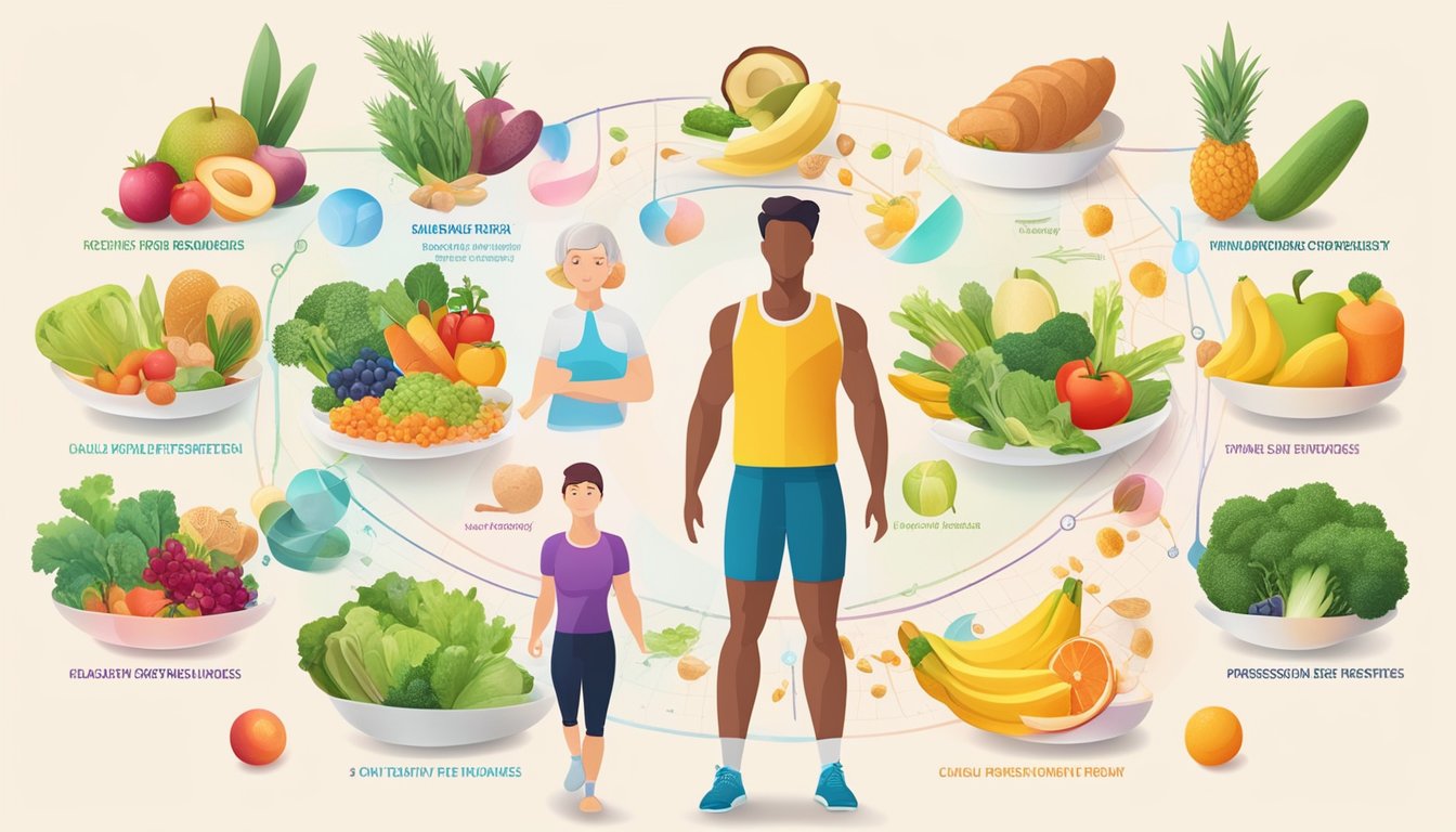 A colorful diagram of various hormones and their functions, surrounded by images of healthy foods and exercise