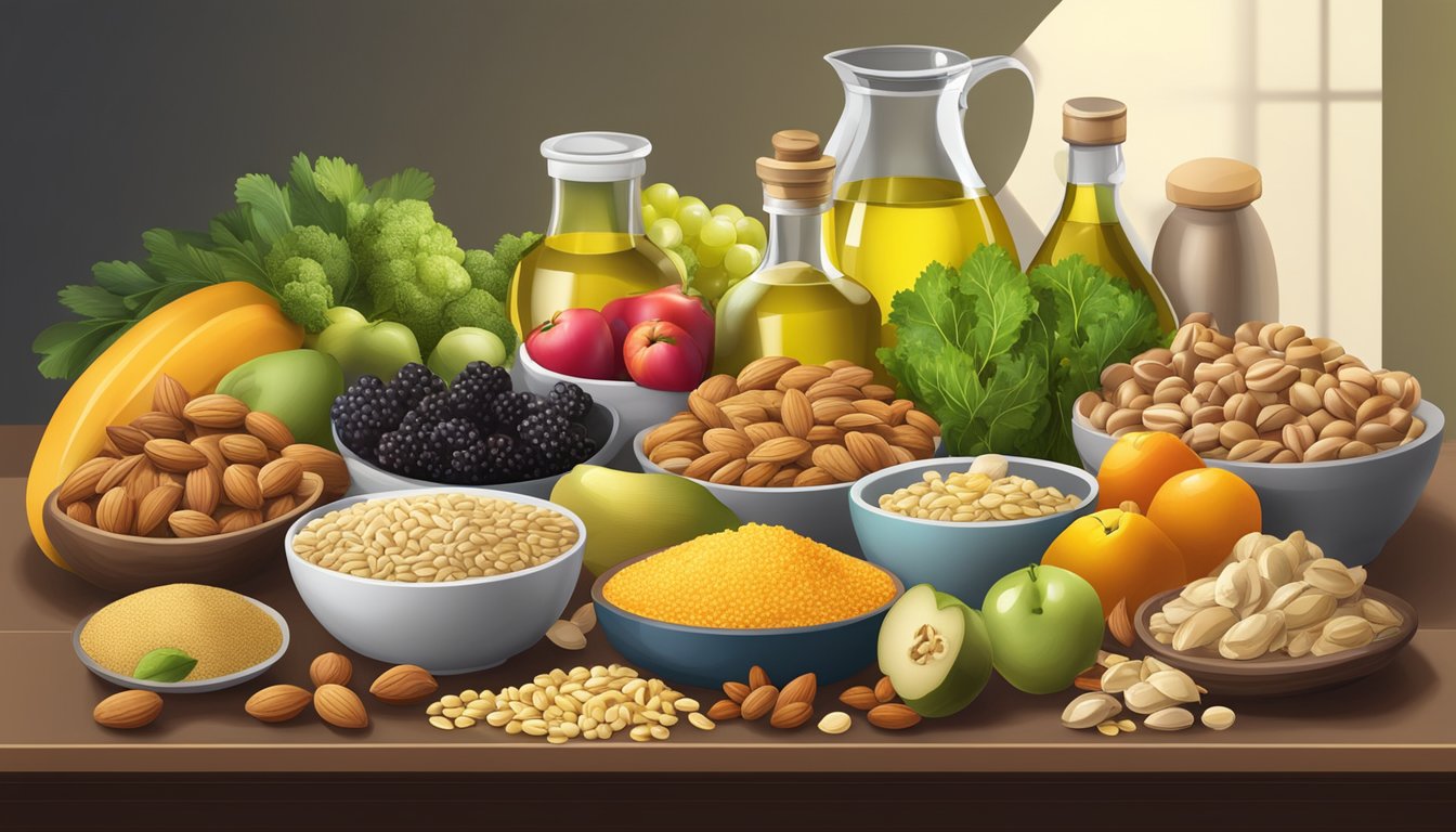 A table filled with various food items, including fruits, vegetables, grains, and lean proteins, with a spotlight on a pile of nuts and a bottle of olive oil