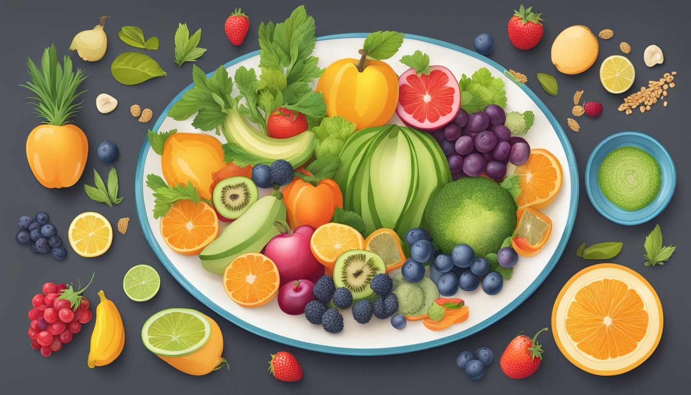 A colorful plate with a variety of fruits, vegetables, and grains, surrounded by images of different hormones and their functions