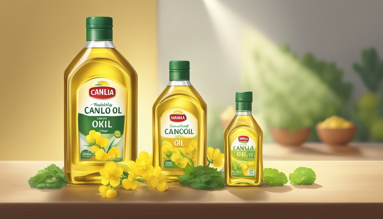 A bottle of canola oil stands beside other oils, with a spotlight shining on it, highlighting its healthy qualities