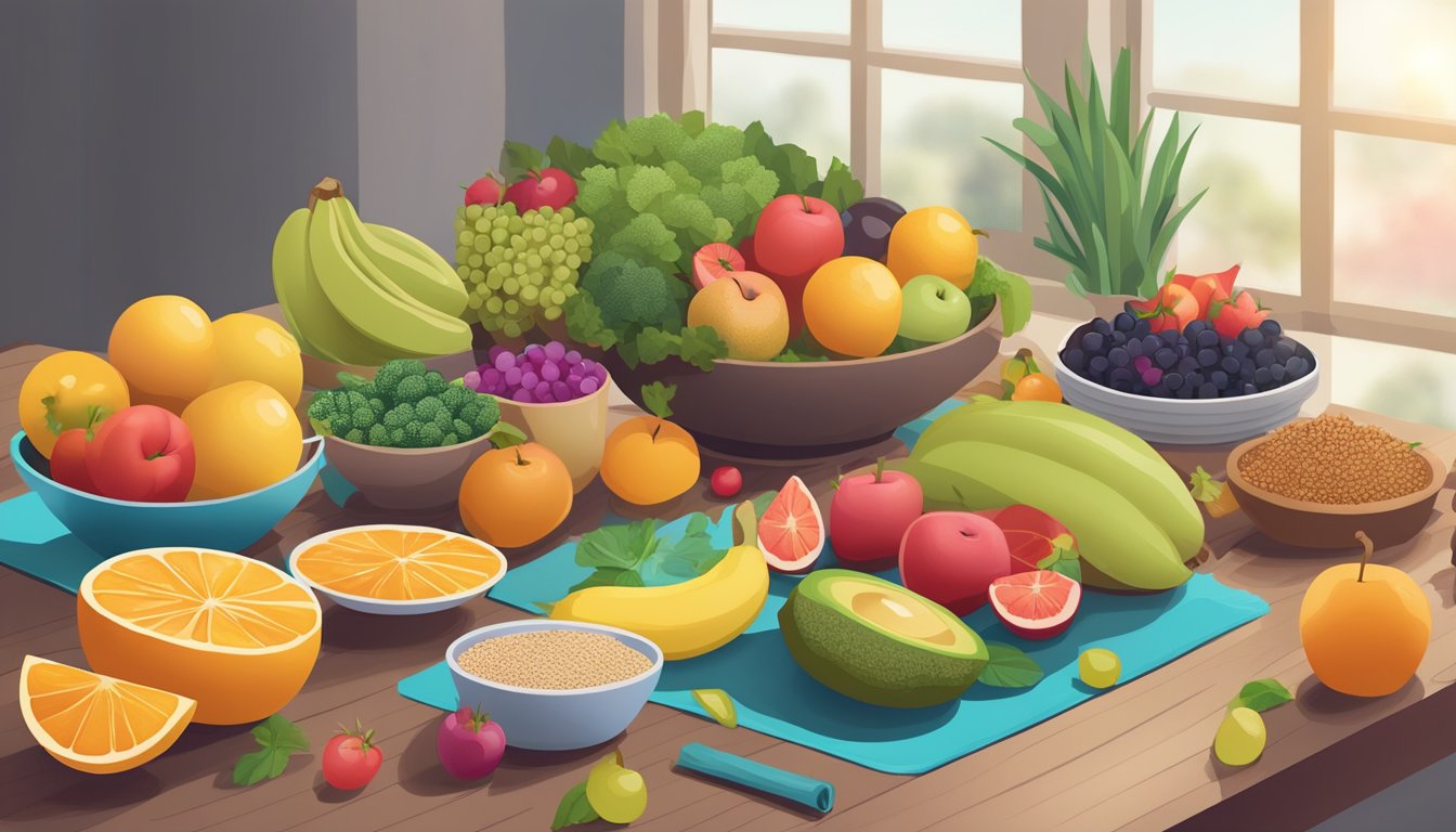 A table filled with colorful fruits, vegetables, and whole grains, surrounded by exercise equipment and a yoga mat, symbolizing the influence of lifestyle on hormonal health