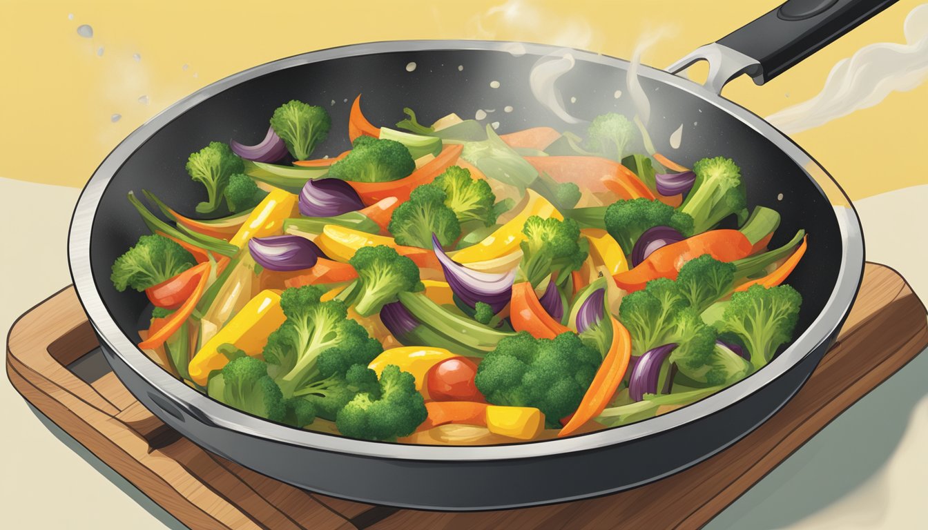 A sizzling pan with vegetables being stir-fried in canola oil