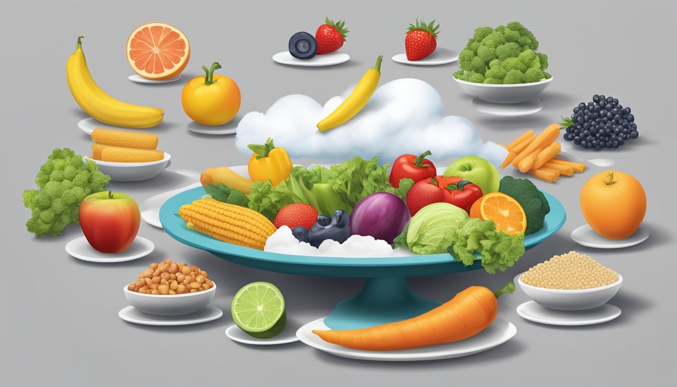 A scale tipping between a plate of fruits and vegetables and a plate of processed foods, with a cloud of confusion hovering above