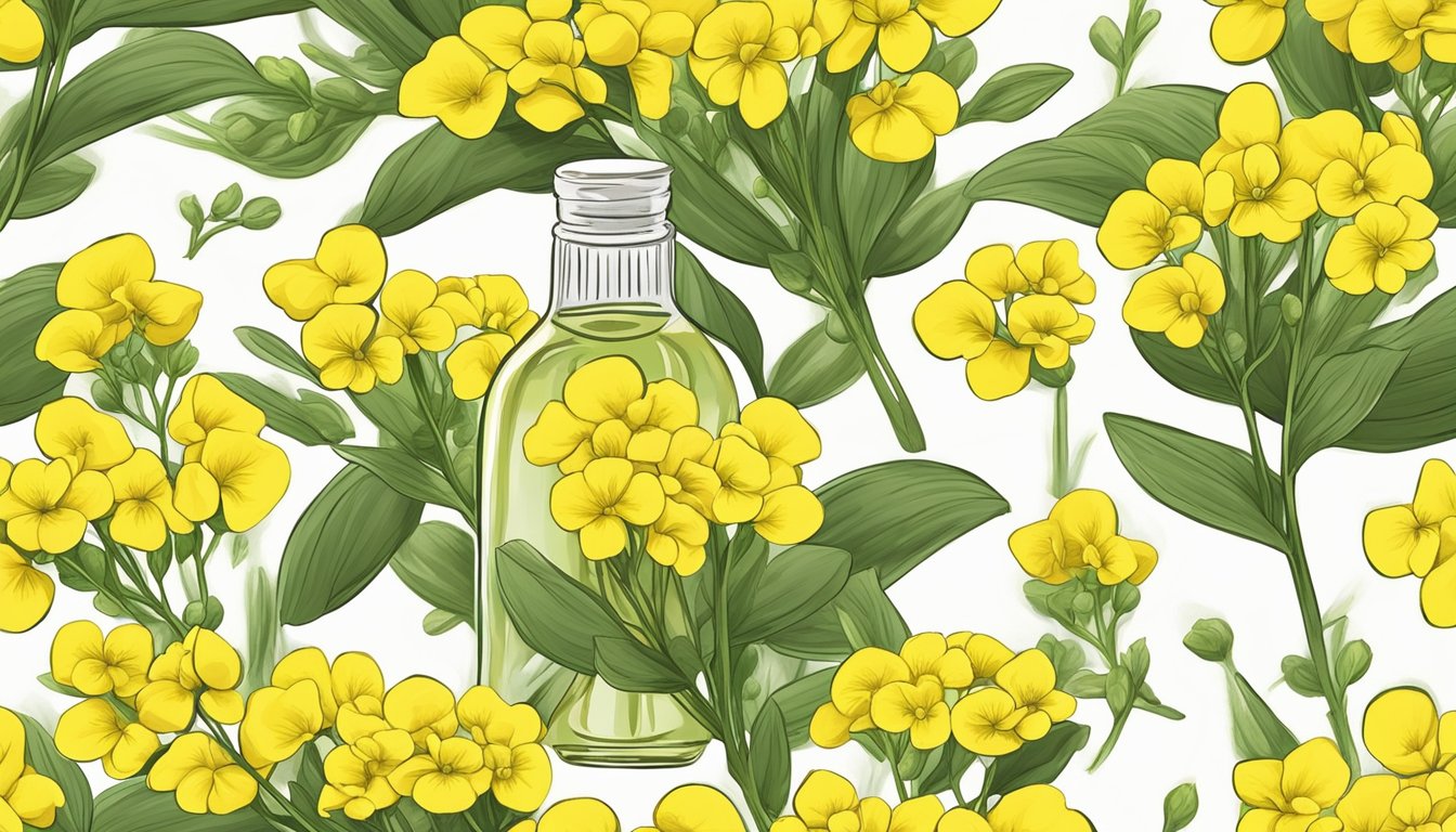 A bottle of quality canola oil surrounded by fresh canola flowers and healthy canola plants