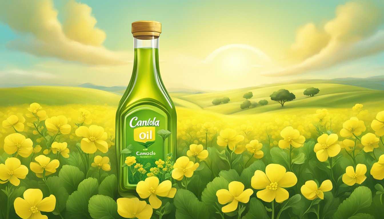 A bottle of canola oil surrounded by vibrant, fresh canola flowers and a healthy, green canola plant in a sunny field