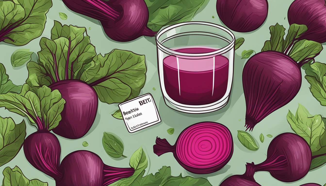 A glass of beet juice surrounded by fresh beets, green leaves, and a nutrition label