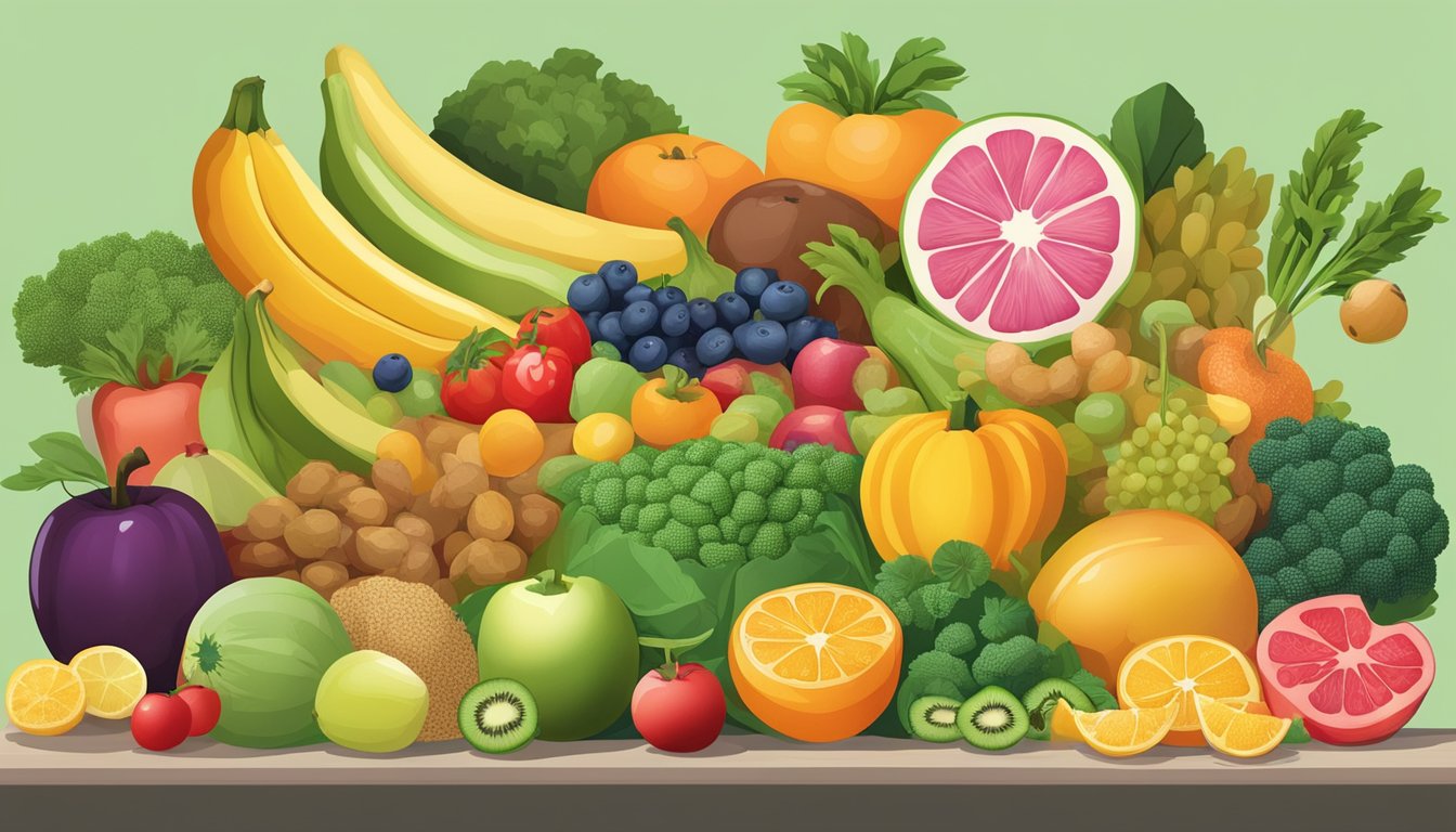 A table filled with colorful fruits, vegetables, and grains, with a variety of hormone-balancing foods arranged in an organized manner