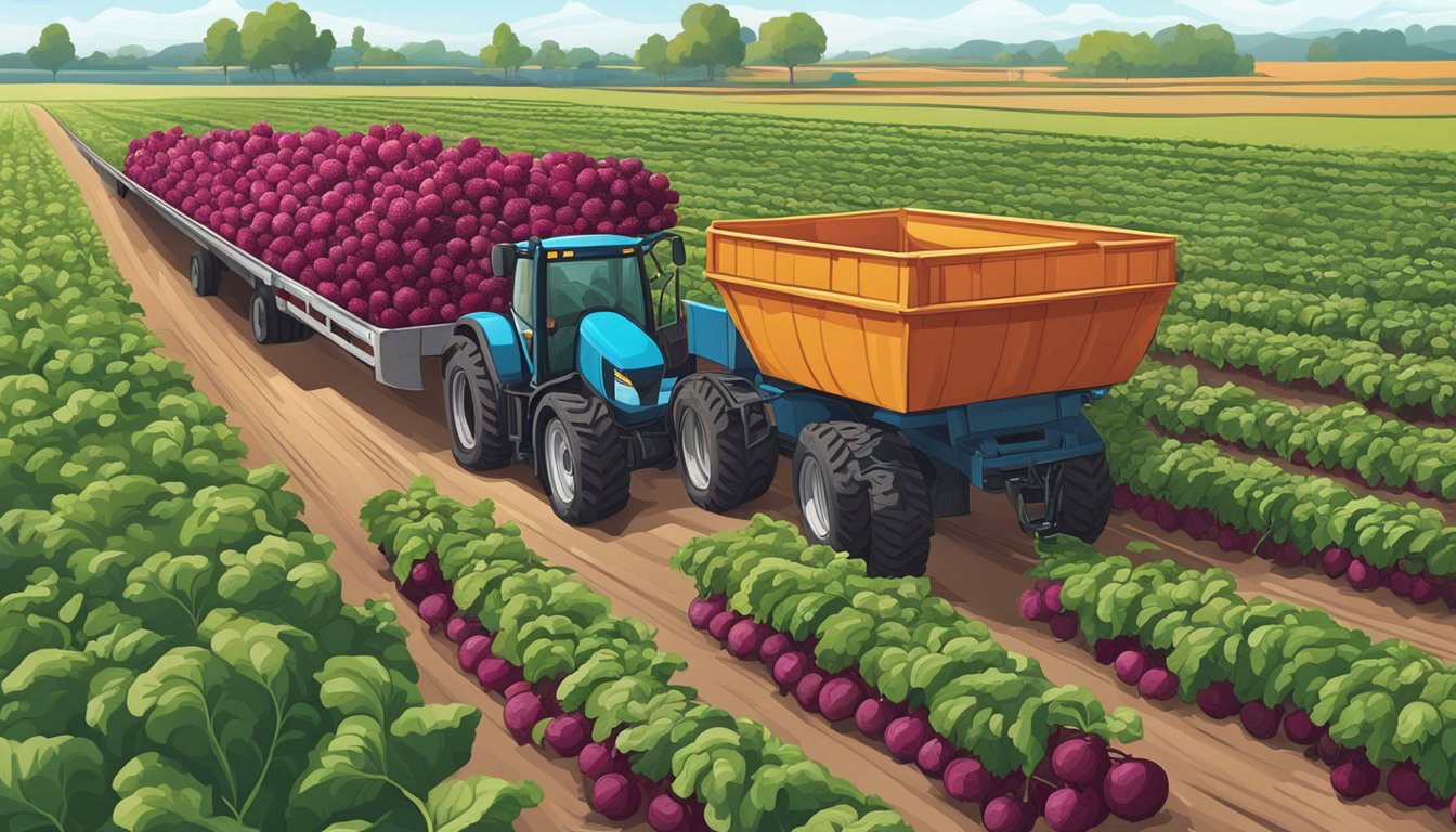 A vibrant beet field with ripe beets being harvested and loaded onto a truck for delivery to a juice processing facility