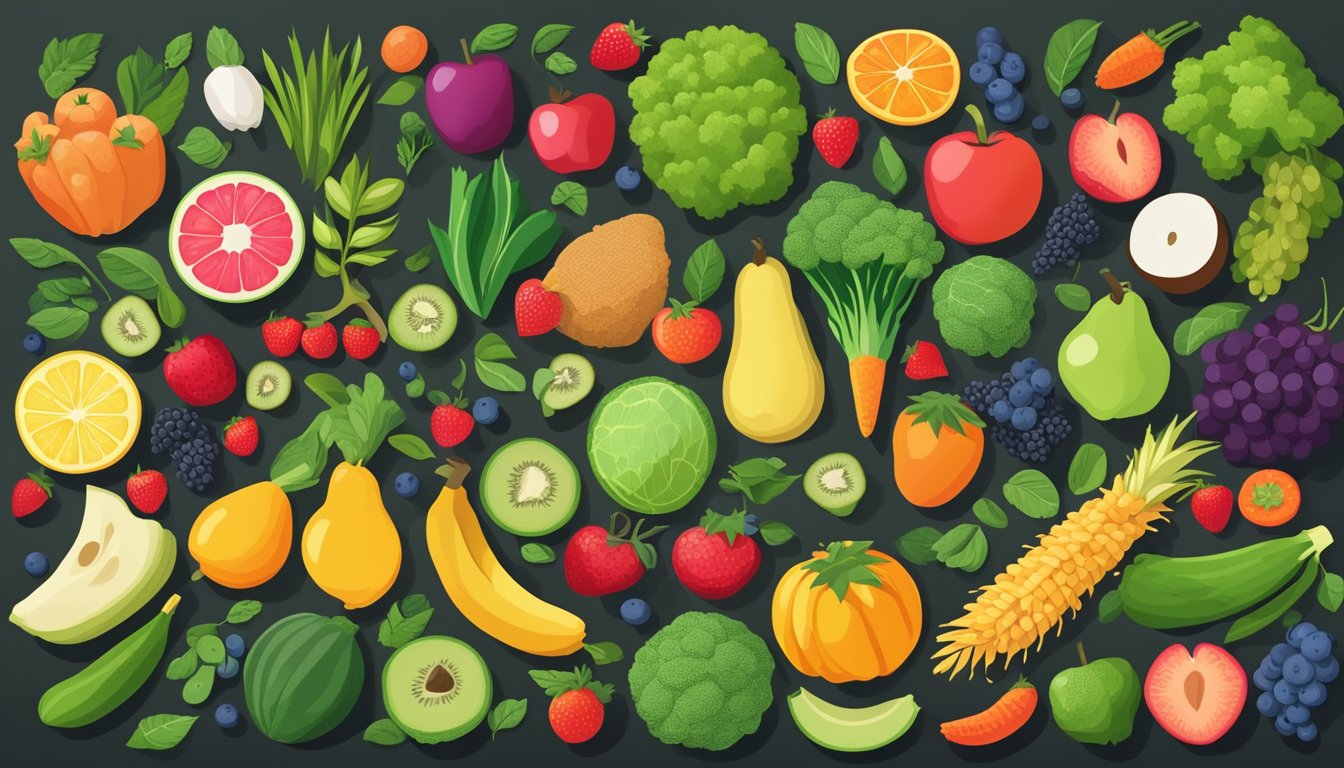 A colorful array of fruits, vegetables, and whole grains surrounded by vibrant greenery, representing the concept of healthy eating and debunking the myth of fat-burning foods